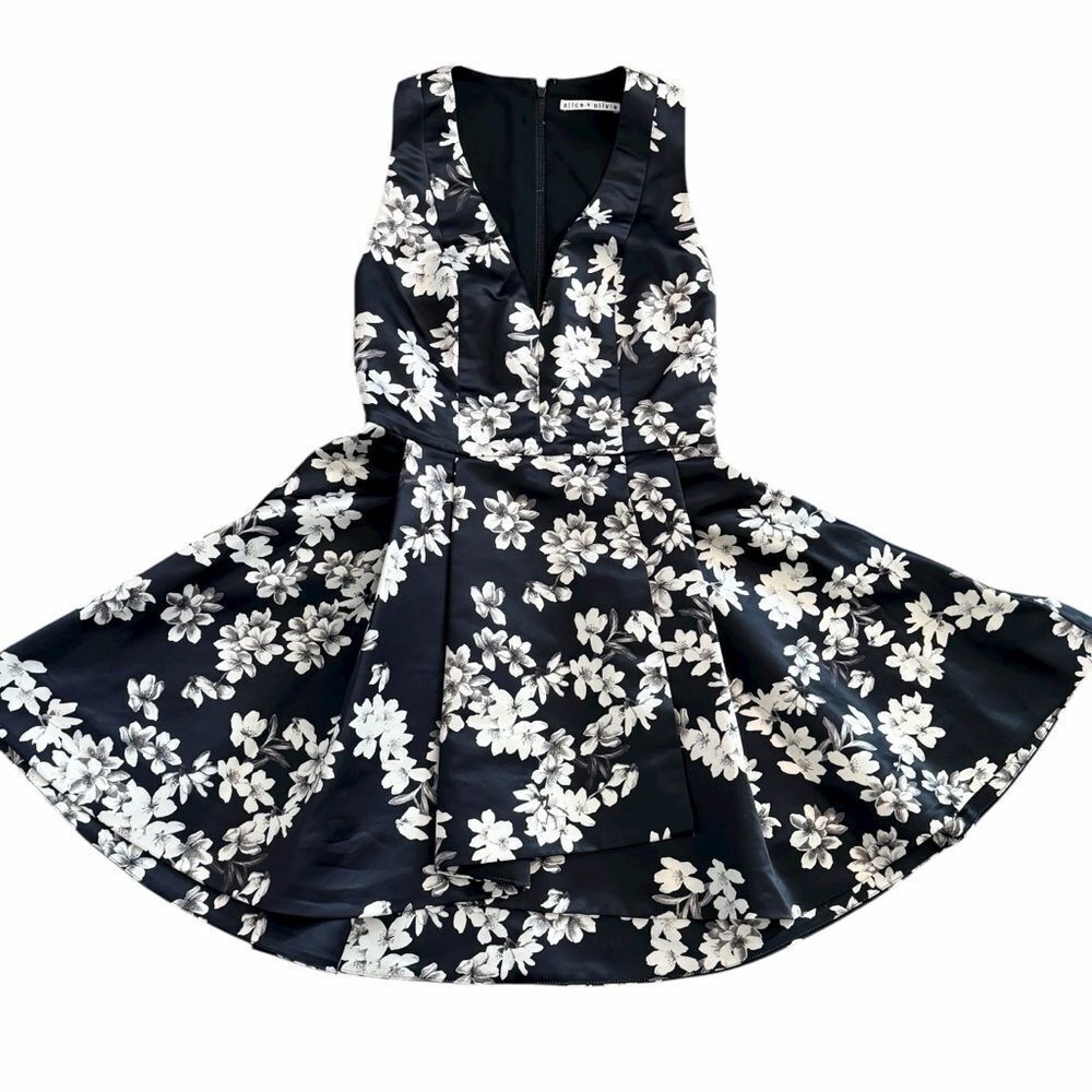 Alice + Olivia Black Floral Fit & Flare Dress Small - Picture 2 of 14